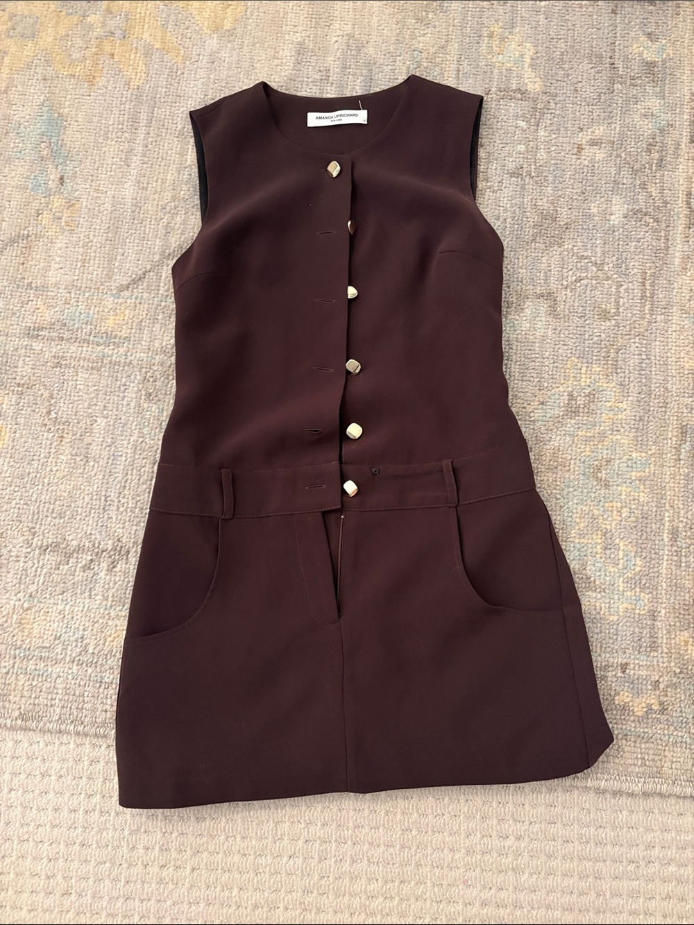 Amanda Uprichard Chocolate Brown Sleeveless Mini Dress with Gold Buttons